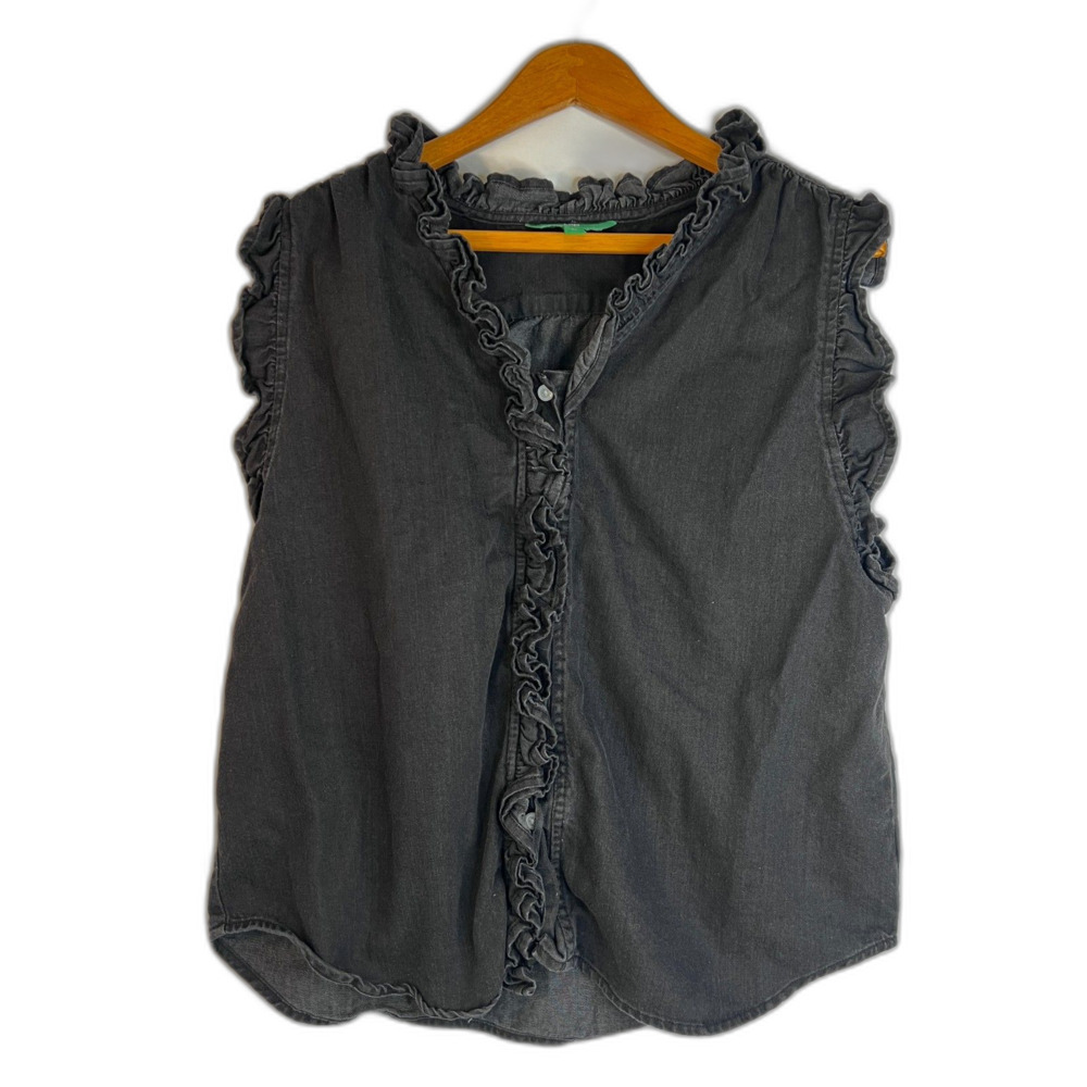 DIP Black Chambray‎ Button Down Ruffled Sleeveless Cotton Blend Shirt Size XL*